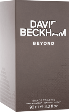 David Beckham Beyond woda toaletowa 90 ml w brązowo-szarym kartoniku, widok z przodu i z boku pod kątem.