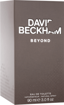 David Beckham Beyond woda toaletowa 90 ml w brązowo-szarym kartoniku, widok z przodu i z boku pod kątem.