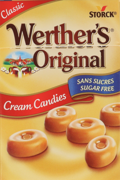 Żółte pudełko Werther's Original Sugar Free Cream Candies, z pięcioma okrągłymi cukierkami na dole.