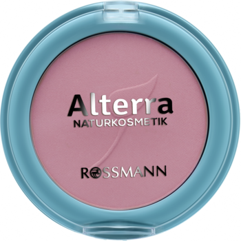 Alterra Naturkosmetik róż Natural Rose, wegański, w okrągłym turkusowym opakowaniu, widok z góry.