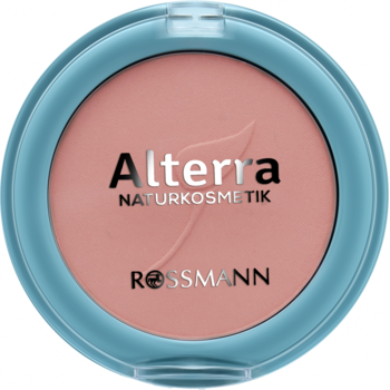 Róż w kamieniu Alterra Peachy w okrągłym, jasnoniebieskim opakowaniu, widok z góry, z logo Rossmann.