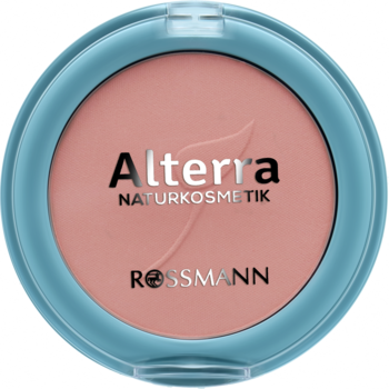 Róż w kamieniu Alterra Peachy w okrągłym, jasnoniebieskim opakowaniu, widok z góry, z logo Rossmann.