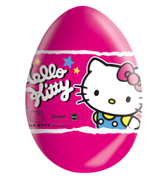 Różowe jajko czekoladowe Hello Kitty z niespodzianką, z częściowo podartą etykietą i grafiką Hello Kitty.