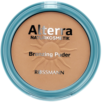 Alterra Bronzing Puder 01 Honey Gold w turkusowym opakowaniu z wytłoczonym słońcem, widok z góry.