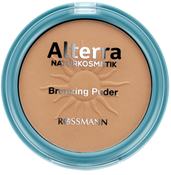 Alterra Bronzing Puder 01 Honey Gold w turkusowym opakowaniu z wytłoczonym słońcem, widok z góry.