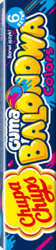 Chupa Chups Guma Balonowa Colors, ciemnoniebieska paczka z żółtymi napisami, widok pionowy, 6 sztuk.