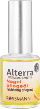 Alterra Naturkosmetik olejek do paznokci, szklana butelka, srebrna nakrętka. Biała etykieta z pomarańczowym napisem.