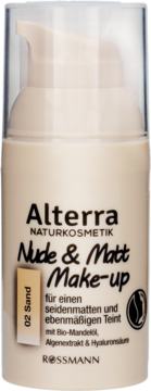Naturalny matujący podkład Alterra Nude & Matt 02 Sand, beżowa butelka z pompką, widok frontalny.