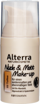 Alterra Nude & Matt Make-up 03 Toffee, beżowy podkład matujący z bio-olejem migdałowym, widok butelki z pompką.