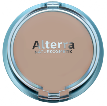 Alterra Camouflage Make-Up Light, jasnobeżowy podkład w otwartym, okrągłym kompakcie, widok z góry.
