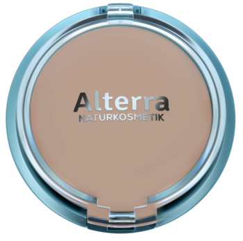 Alterra Camouflage Make-Up Light, jasnobeżowy podkład w otwartym, okrągłym kompakcie, widok z góry.