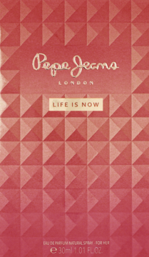 Pepe Jeans Life Is Now woda perfumowana dla kobiet w czerwono-różowym pudełku z geometrycznym wzorem, widok z przodu.