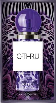 Fioletowe perfumy C-THRU JOYFELL REVELL Eau de Toilette w pudełku z fioletowo-czarnym wzorem zwierzęcym.
