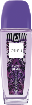 Fioletowy flakon perfum C-THRU Joyful Revel, frontowy widok, z etykietą w zebrę i purpurowe pasy, fioletowa nakrętka.