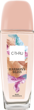 C-THRU Harmony Bliss Body Fragrance w szklanej butelce z beżową etykietą i abstrakcyjnymi wzorami, widok frontalny.
