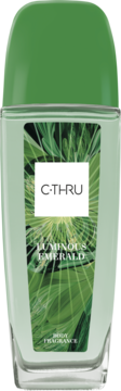 Perfumy C-THRU Luminous Emerald w prostokątnej butelce z zieloną zakrętką, z przodu zielono-liściasta etykieta.