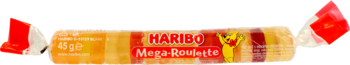 Haribo Mega Roulette żelki owocowe w przezroczystym opakowaniu z czerwonym logo i misiem, widok z przodu.