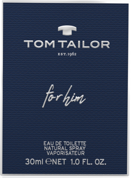 Ciemnoniebieskie opakowanie wody toaletowej Tom Tailor For Him 30ml, z białymi napisami, widok z przodu.