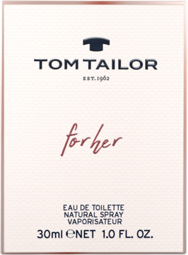 Frontowe ujęcie białego pudełka perfum Tom Tailor For Her 30ml EDT, z bordowym napisem 'forher'.