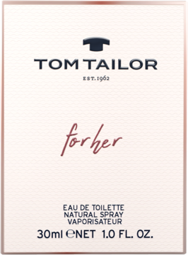 Frontowe ujęcie białego pudełka perfum Tom Tailor For Her 30ml EDT, z bordowym napisem 'forher'.