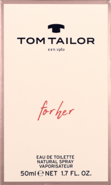Tom Tailor For Her Eau De Toilette, 50ml, beżowe pudełko z czerwonym napisem, widok z przodu.