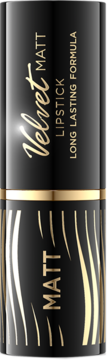 Czarna pomadka Velvet Matt Lipstick z długotrwałą formułą, widoczna pionowo z złotymi akcentami.