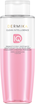 Dermika Clean Intelligence, dwufazowy płyn micelarny, butelka z różowym płynem, widok z przodu.