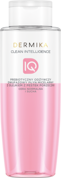 Dermika Clean Intelligence, dwufazowy płyn micelarny, butelka z różowym płynem, widok z przodu.
