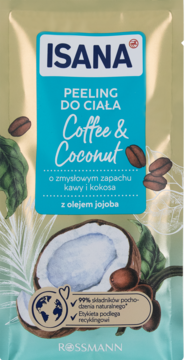 Isana Peeling do Ciała Coffee & Coconut, złoto-turkusowa saszetka z grafiką kawy i kokosa, widok z przodu.