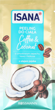 Isana Peeling do Ciała Coffee & Coconut z olejem jojoba. Złoto-turkusowa saszetka, widok z przodu.