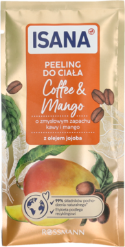 Isana peeling do ciała Coffee & Mango, złota saszetka z ilustracjami kawy i mango, widok z przodu.