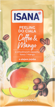 Złota saszetka Isana Peeling do Ciała Coffee & Mango, z olejem jojoba, z owocami i ziarnami kawy na froncie.