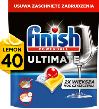 Niebieskie opakowanie 40 cytrynowych kapsułek Finish Powerball Ultimate do zmywarki, usuwających zaschnięte zabrudzenia.