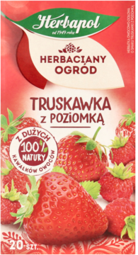 Czerwono-różowe opakowanie herbaty Herbapol Truskawka z Poziomką, z dużymi kawałkami owoców, widok z przodu.