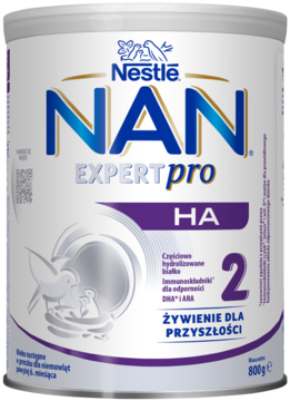 Biała puszka Nestle NAN EXPERTpro HA 2, mleko następne dla niemowląt z hydrolizowanym białkiem, widok przodem.