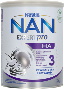 Puszka mleka modyfikowanego Nestle NAN EXPERTPRO HA 3, biało-fioletowa, widok z przodu.