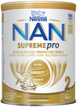 Złoto-biała puszka mleka modyfikowanego NAN SUPREMEpro 2 Nestlé, widok z przodu, z grafiką ptaków.