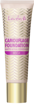Podkład Lovely Camouflage Foundation Beige w beżowej tubce ze złotym wzorem w jodełkę, widok z przodu.