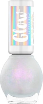 Lakier brokatowy Miss Sporty Glow Glitter, w przezroczystej butelce z białym korkiem i etykietą holo.