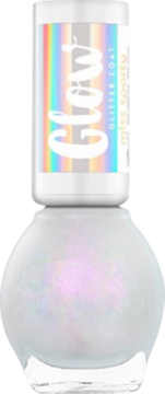 Lakier brokatowy Miss Sporty Glow Glitter, w przezroczystej butelce z białym korkiem i etykietą holo.