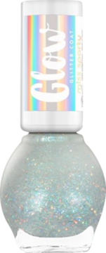 Brokatowy lakier Miss Sporty Glow Glitter, srebrny z opalizującymi drobinkami, butelka, holograficzna etykieta, przód.