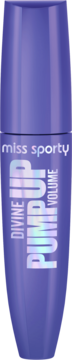 Fioletowa tuba tuszu Miss Sporty Pump Up Divine Volume, z metalicznym napisem, widok z przodu.
