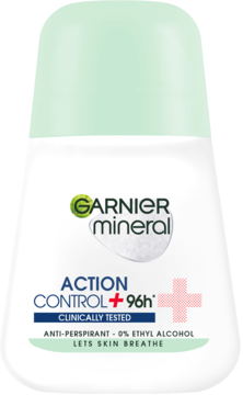 Biały roll-on Garnier Mineral Action Control 96h antyperspirant z zieloną nakrętką, widok z przodu.