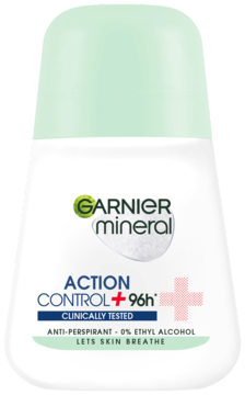 Garnier Mineral Action Control 96h antyperspirant w kulce, biała butelka z jasnozieloną nakrętką, widok z przodu.