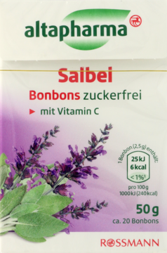 Opakowanie Altapharma Saibei Bonbons zuckerfrei z szałwią i witaminą C, białe z fioletowym rysunkiem.