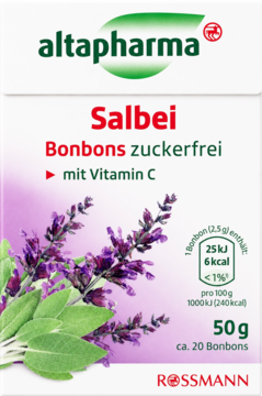 Altapharma Salbei Bonbons zuckerfrei z witaminą C, białe opakowanie z fioletową szałwią, widok z przodu.