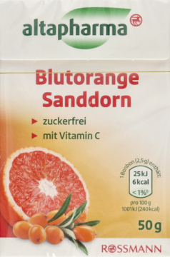 Altapharma cukierki Biutorange Sanddorn, białe opakowanie z pomarańczami i rokitnikiem, z witaminą C, bez cukru. Widok z przodu.