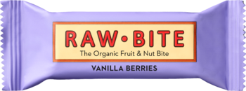 Fioletowy baton RAWBITE Vanilla Berries. Widok z przodu, etykieta z czerwonym napisem i opisem organicznego batona owocowo-orzechowego.