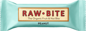 RAW-BITE PEANUT baton owocowy z orzechami ziemnymi, w błękitnym opakowaniu, widok z przodu.