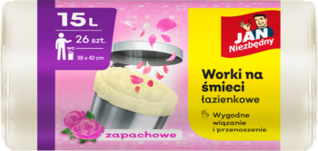 Opakowanie worków łazienkowych Jan Niezbędny, 15L, zapachowe, z grafiką róż i tekstem na różowo-fioletowym tle.